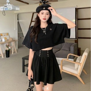 【臺灣本土出貨】韓國代購 夏裝辣妹套裝女 夏季俏皮活潑網紅炸街洋氣減齡半身裙兩件套 慵懶寬松休閑百搭防曬上衣