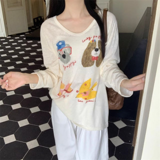 杏色減齡可愛狗狗印花長袖T恤女秋季寬鬆休閒慵懶風高級感u領上衣