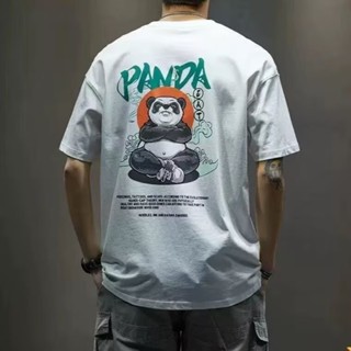 S-5XL 夏季新款國潮短袖T恤男 青少年 ins寬鬆慵懶圓領套頭短袖上衣 熊貓卡通印花短T（HLT424）【壹號站】