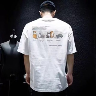 夏季新款 潮流寬鬆圓領白色短袖T恤男 可愛小貓卡通印花T 百搭休閒簡約T恤上衣 文藝短T女（HLT429）【壹號站】