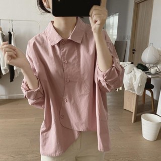 女生襯衫 夏季防曬襯衫 襯衫女襯衣 長袖 春季上衣不規則襯衫女春秋季新款寬鬆顯瘦小眾設計感減齡長袖簡約棉質上衣