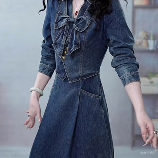 【小優服飾】長裙女 新款高階精緻氣質法式複古減齡百搭牛仔連衣裙 2025秋季新款裙子 顯瘦掐腰連衣裙 韓版女裝洋裝時尚