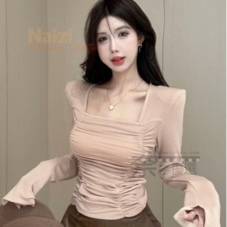 嘉義出貨♕小心機長袖T恤 法式褶皺方領上衣女春秋獨特別緻純慾風長袖T恤打底衫ins女裝