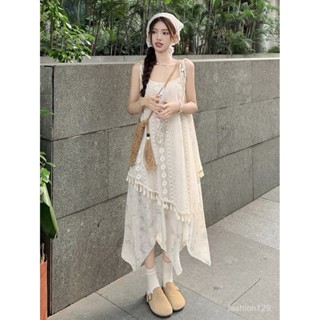 💛限時下殺💛【店鋪熱銷】海邊度假風假兩件吊帶連衣裙女夏氣質超僊印花流蘇不規則沙灘長裙
