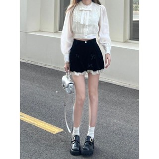 Sw*🎀熱銷爆款 學生 純欲 法式 復古 溫柔 絲絨 黑色褲子 女生短款 夏季 百搭 蝴蝶結 蕾絲 寬鬆 微燈籠短褲