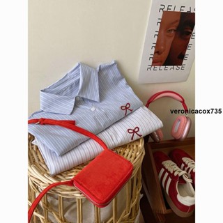 襯衫外套👚 復古港風蝴蝶結刺繡條紋襯衫2024秋季休閒寬鬆百搭長袖上衣外套女