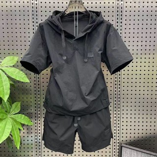 男士短袖短褲套裝 夏季純色簡約休閒寬鬆兩件套輕薄透氣防曬潮男套裝短袖短褲一整套 qjes