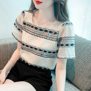 條紋蕾絲短袖T恤女2025年新款夏季時尚洋氣時髦寬鬆顯瘦鏤空上衣
