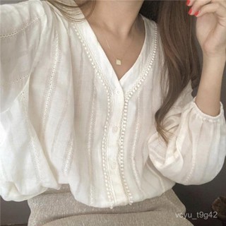 💖限時低價💖V領蕾絲衫 簡約素色氣質白色長袖襯衫上衣 HXI7