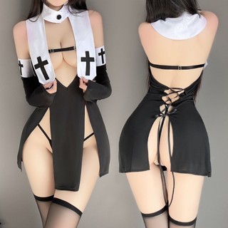 開衩修女服 性感趣情內衣褲套裝 制服誘惑蕾絲透視旗袍開叉包臂短裙純欲大尺碼免脫角色扮演 性感趣情睡衣連身衣 兼職女