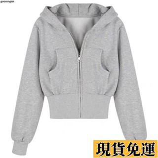 💞現H+免運💞美式復古灰色連帽衛衣外套女秋季加絨加厚小個子短款收腰開衫上衣