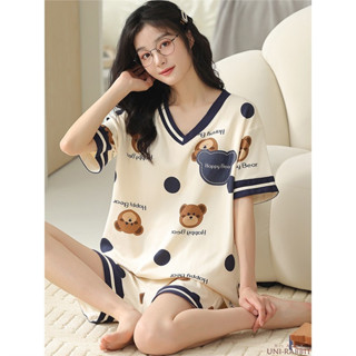 睡衣女夏天100%純棉短袖V領純棉短褲奶乎乎小熊ins風家居服套裝居家女睡衣女士睡衣女士休閒睡衣夏季薄款睡衣女士寬鬆睡衣