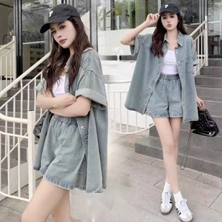 🌺臺灣限時低價🌺時尚炸街套裝夏季短袖休閑寬松顯瘦復古牛仔襯衫短褲兩件兩件套