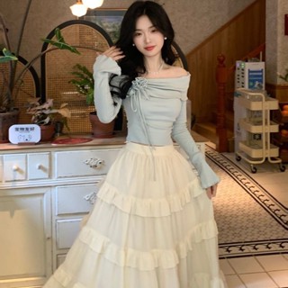 [Heart 心跳]白色蛋糕裙 方領花朵長袖T賉 修身上衣 套裝女 高腰半身裙 拚接蛋糕裙 長裙 夏季女裝