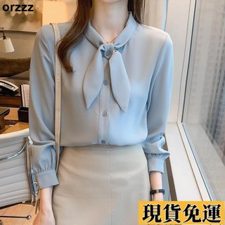 🌸臺灣限時低價🌸 臺灣出貨 長袖襯衫 白襯衫女 領結藍色襯衫女 洋氣長袖襯衣 2025春秋新款 復古港味設計感小眾上