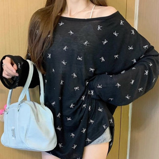 coco小姐✨美式 慵懶風 蝴蝶結印花 長袖 T恤女 寬鬆 休閒 百搭 薄款 防曬 上衣