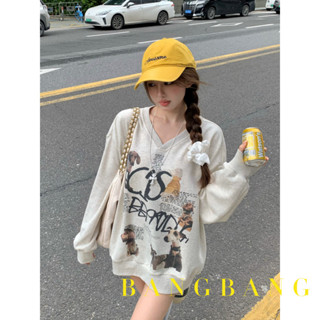 ✨BANGBANG✨美式複古小狗印花v領長袖衛衣女裝秋季寬鬆顯瘦灰色休閒純棉上衣 XGGW