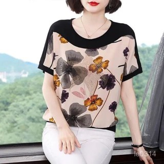 🔥48H出貨 媽媽裝 短袖上衣 大尺碼 棉質T恤 短袖t恤女裝 圓領百搭上衣 洋氣媽媽寬鬆上衣 年輕大花花雪紡衫百搭