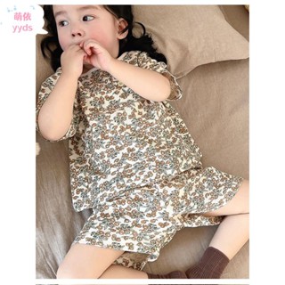 【居家生活】女童居家服套裝兩件套純棉舒適透氣百搭兒童睡衣夏季分體冰絲碎花家居服兒童短袖褲莫代爾空調服套裝預售 ｙ