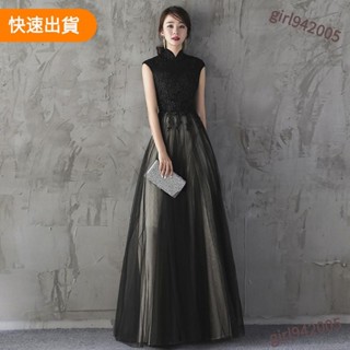【特價促銷】黑色立領小禮服 尾牙春酒派對洋裝 優雅端莊大氣質裙主持人宴會晚禮服 蕾絲顯瘦黑色長禮服 客製化洋裝