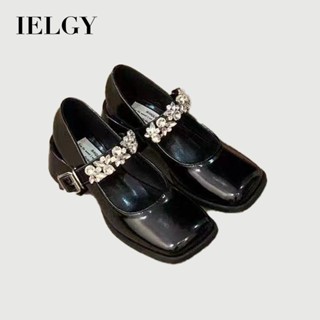IELGY 2025新款法式方頭水鑽真皮粗跟瑪麗珍鞋高跟鞋女