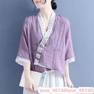 新中式-古風-禪意-國風-民族風-服飾【新中式】中國風服飾 中國風夏季女上衣 棉麻上衣夏季斜襟蕾絲拚接v領 民國風女裝開