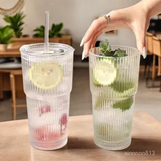 限時搶購✨【30天熱銷1800件】情侶對杯高顔值冷飲果汁咖啡杯帶蓋吸管大容量條紋玻璃杯水杯ins