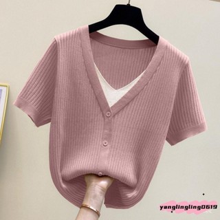 🧊【夏季必備】✨時尚推薦✨假兩件V領寬鬆百搭顯瘦冰絲針織短袖T恤上衣女 時尚 寬鬆 百搭 修身 顯瘦 大尺碼上衣 休閒