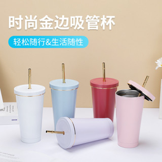 【新品推薦】外貿時尚金邊吸管杯車載簡約咖啡杯304不銹鋼雙層保溫汽車杯