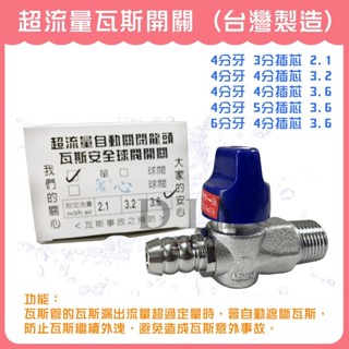 【DIY合作社】附發票 超流量瓦斯開關 遮斷器 調整器 安全 考克 天然 瓦斯 開關 遮斷 4分-6分牙 3分-5分插芯