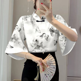 國潮新中式盤扣七分荷葉袖女裝中國風印花復古立領顯瘦短袖上衣 短袖衣服 女生t恤 立領t恤 七分荷葉袖t恤 印花t恤