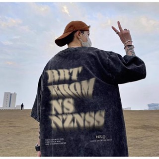 純棉240g重磅水洗做舊寬鬆短袖t恤 印花高品質oversize美式復古寬鬆圓領 嘻哈 大尺碼五分袖短T（HMX418）