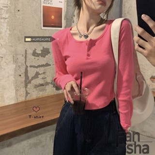 【Fan sha】韓版小眾設計感長袖T恤女 秋季修身顯瘦上衣 小心機純色ins短款上衣 女裝