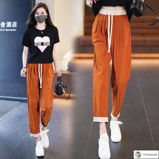 ins風休閒褲🌈橘色哈倫褲女夏季2024新款冰絲薄款九分女褲休閑寬松煙管直筒褲子