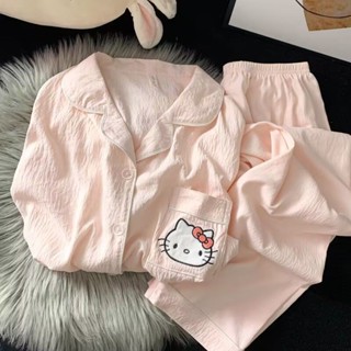 ✨日係睡衣 居家服 簡約風睡衣 純棉睡衣 睡衣女款 夏季長袖 日係卡通睡衣 粉色KT貓睡衣 薄款少女 可愛家居睡衣