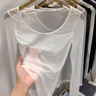 新款防曬罩衫上衣 夏天防曬衣 韓版上衣女 蕾絲通勤服 超薄網紗打底衫女防曬內搭長袖黑紗性感透明透視紗衣蕾絲罩衫低領上衣