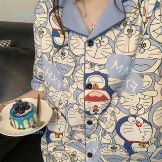 睡衣 夏天睡衣 居家服 日常居家服 卡通睡衣 睡衣女夏季新款卡通哆啦A夢印花學生薄款翻領開衫短袖家居服套裝