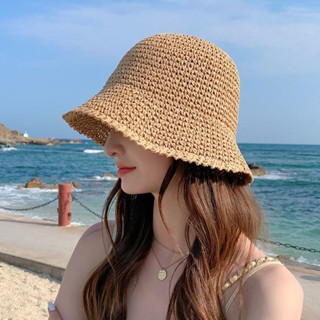 智慧帽飾✨日係簡約草編水桶帽女夏季透氣遮陽草帽海邊度假可折疊防曬漁夫帽