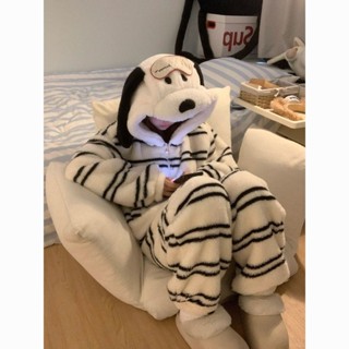 寶藏大店鋪 熱銷黑白小狗條紋睡衣 保暖睡衣睡褲 冬季加厚睡衣 加絨珊瑚絨睡褲 連帽家居服 可愛高顏值睡衣褲 保暖舒適睡衣
