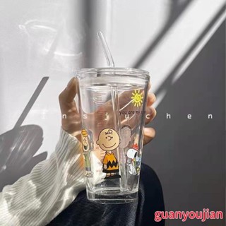 吸管玻璃杯 可愛 史努比 卡通 查理 玻璃杯 牛奶杯 果汁杯 耐熱杯子 環保杯刻度杯 水杯 玻璃水壺 杯子隨行吸管杯咖啡