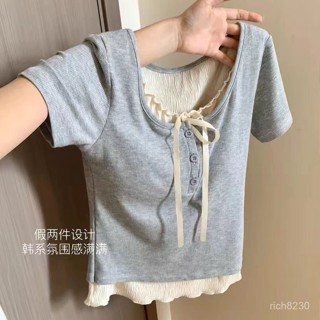 芭蕾風女裝 韓係上衣 假兩件純慾芭蕾風修身半袖小上衣女夏季新款別緻甜辣正肩短袖T恤 甜美裝 夏天女裝8888 TLWG
