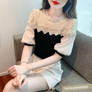 📣免運📣甜美 法式 荷葉領 重工 釘珠 蕾絲拼接 泡泡袖 襯衫 女 外穿 短袖 上衣 小衫
