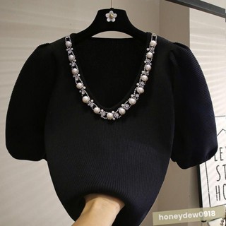 📣免運📣品牌 折扣 專櫃 撤櫃 清倉 黑色 泡泡袖 T恤 女 修身 顯瘦 短袖 針織衫 上衣 夏