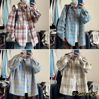 ✨Fancern✨ 臺灣出貨 美式復古格紋長袖襯衫男女休閒外套痞帥春夏季襯衣薄外套 格子襯衫 韓版翻領襯衫男 日系上衣