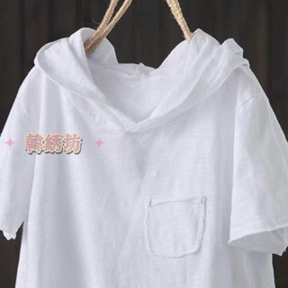 原創100%棉連帽T恤女夏季新款寬松純棉短袖文藝破洞休閑上衣 大尺碼女裝 短袖t恤 短袖上衣 氣質上衣 韓版上衣
