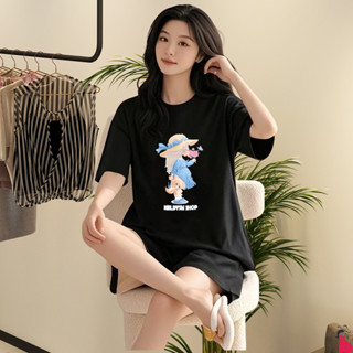 快出 時尚睡衣套裝 家居服 套裝 睡衣 家居服套裝 短褲睡衣 黑色印花睡衣 韓係女裝 大尺碼女裝 夏天印花衣服 印花睡衣