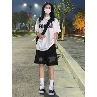 【PE】短褲 工裝褲 牛仔褲 休閒短褲 美式複古五分闊腿褲子女寬鬆百搭夏季新款字母印花ins休閒短褲潮