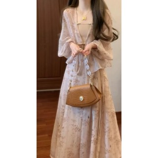 新品 套裝女 套裝夏天 新中式國風女裝禪意吊帶半身裙複古時尚連衣裙套裝氣質上衣開衫裝 39EU