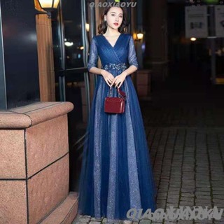喬小雨~大尺碼禮服 藍色晚禮服女輕奢小眾高階長款宴會氣質朗誦合唱團演出服主持人裙