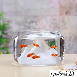 卡曼_加厚孔雀玻璃魚缸桌面圓形小型創意雪山鬥金魚缸迷你水族客廳擺件^